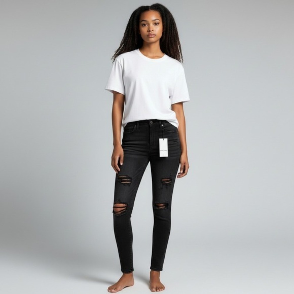 Fashion Nova Bring The Best Mid Waist Ripped Jeans Washed Black Size 5/26